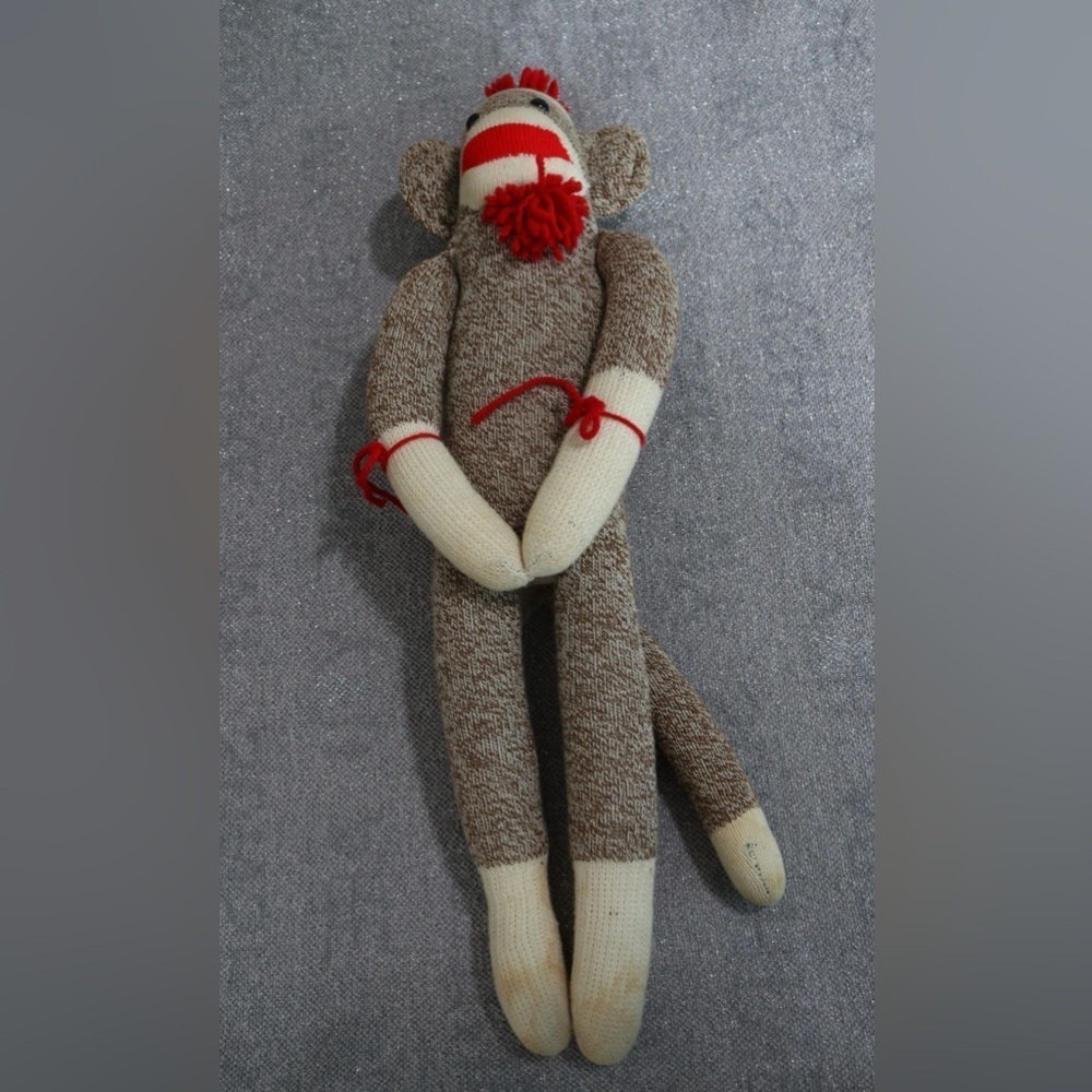 Vintage Sock Monkey Doll Handmade Sits 12” Tall, Total Approx 23”